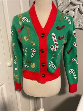 Poof! Green and Red Candy Cane Sequin Cardigan